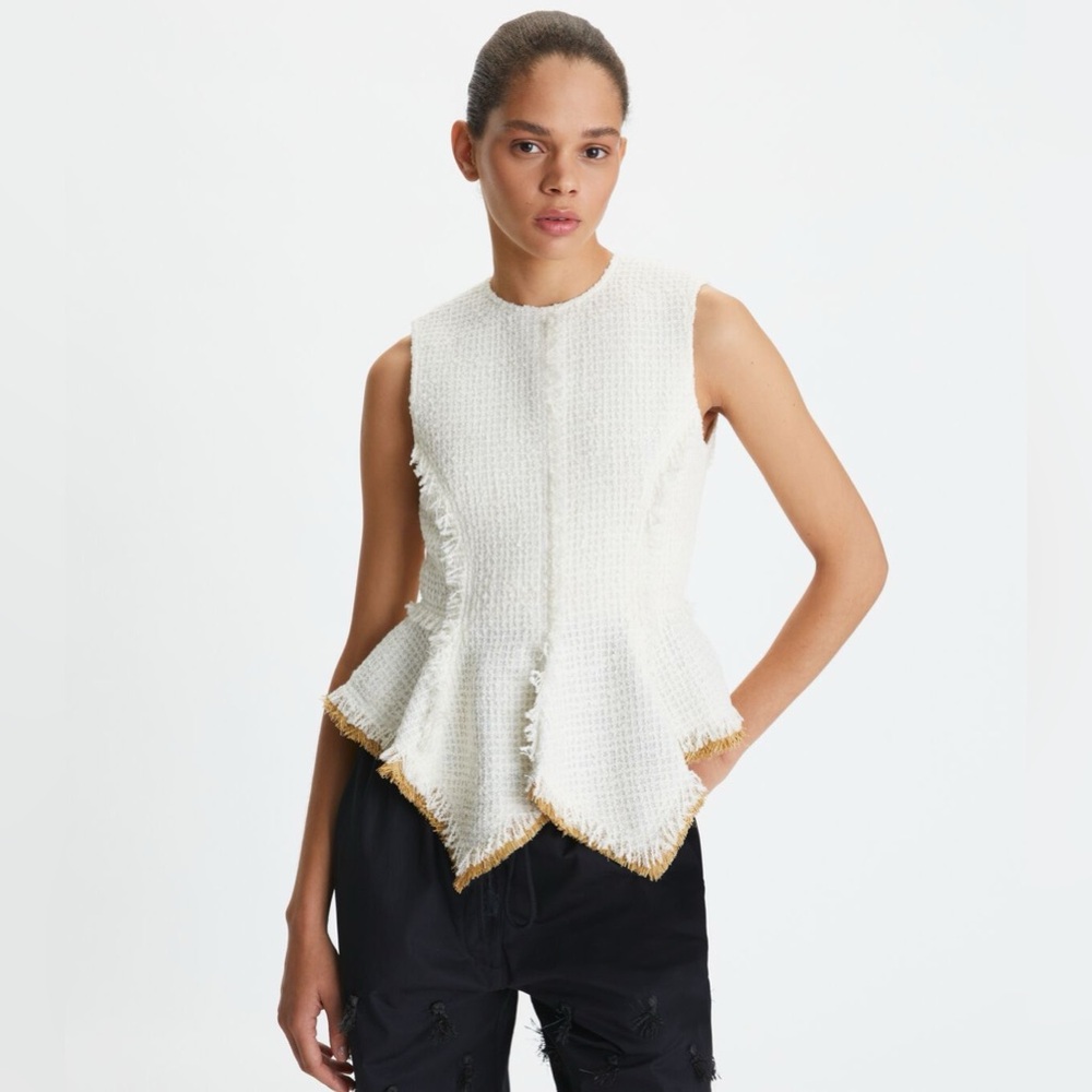 NWT $998 Tory Burch Sleeveless Tweed Peplum Top In Vanilla
